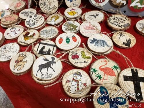 Hand stamped wood chip ornaments made with Stampin Up stamps, Stampin Up handmade ornament ideas for wood slice ornaments