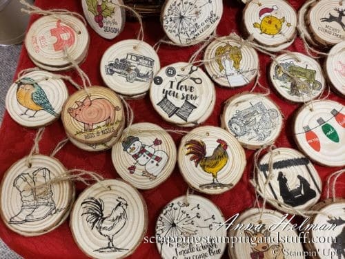 Hand stamped wood chip ornaments made with Stampin Up stamps, Stampin Up handmade ornament ideas for wood slice ornaments