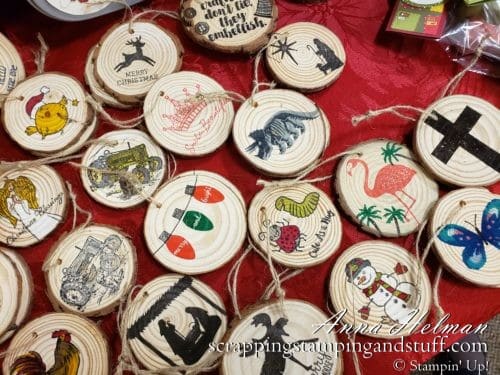 Hand stamped wood chip ornaments made with Stampin Up stamps, Stampin Up handmade ornament ideas for wood slice ornaments