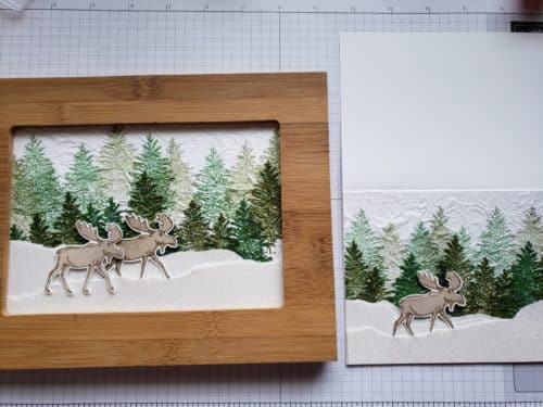 Winter moose scene card and framed art using the Stampin' Up! Merry Moose stamp set and moose punch! Includes tissue paper stamping technique tutorial.