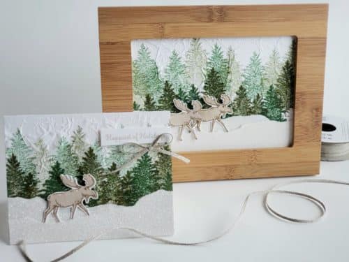 Winter moose scene card and framed art using the Stampin' Up! Merry Moose stamp set and moose punch! Includes tissue paper stamping technique tutorial.