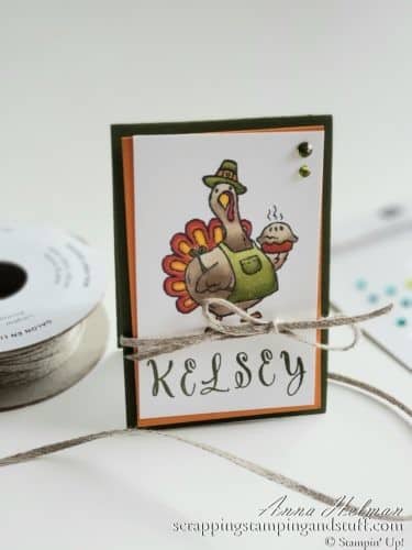 Cute DIY Thanksgiving place cards using the Stampin' Up! Birds of a Feather stamp set. A fun pilgrim turkey! Also great as a table decorations or table topper.