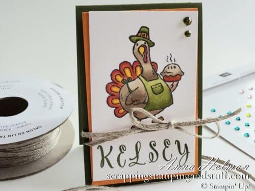 Cute DIY Thanksgiving place cards using the Stampin' Up! Birds of a Feather stamp set. A fun pilgrim turkey! Also great as a table decorations or table topper.