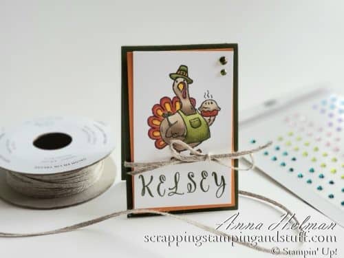Cute DIY Thanksgiving place cards using the Stampin' Up! Birds of a Feather stamp set. A fun pilgrim turkey! Also great as a table decorations or table topper.