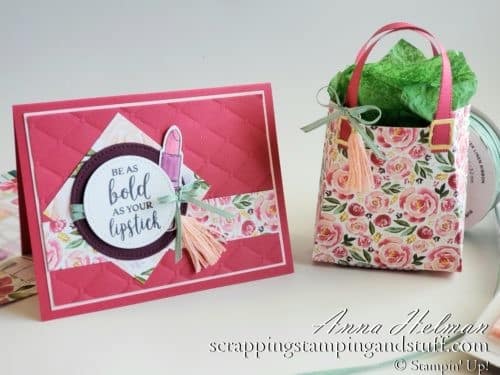 Stampin Up Mini Catalog Sneak Peeks! Cute all-occasion or birthday card idea and paper purse gift bag using the Stampin Up Dressed To Impress stamp set and All Dressed Up dies. Be as bold as your lipstick!