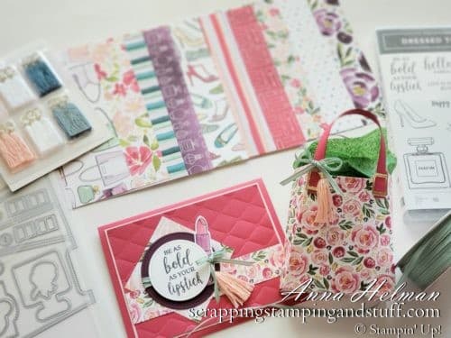 Stampin Up Mini Catalog Sneak Peeks! Cute all-occasion or birthday card idea and paper purse gift bag using the Stampin Up Dressed To Impress stamp set and All Dressed Up dies. Be as bold as your lipstick!