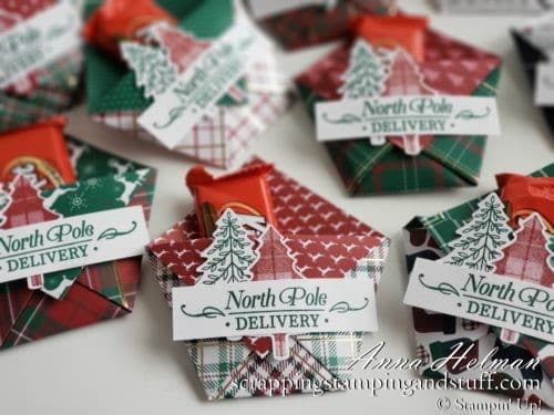 6x6 treat holder makes perfect Christmas table favors and is so fast and easy to make! Using Stampin Up Perfectly Plaid stamp set and Pine Tree punch