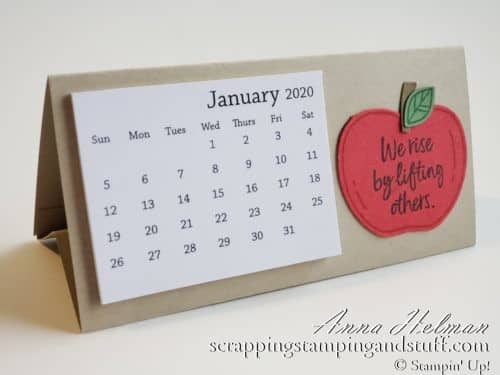 Cute teacher gift idea! Teacher desk calendar with an apple, made with Stampin Up Harvest Hellos stamp set and the apple builder punch. PTO gift idea to teachers. Mini desk calendar easel.