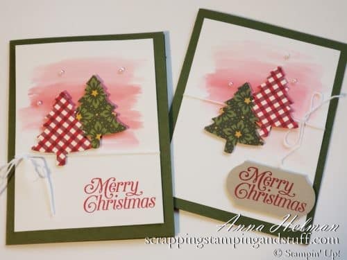 Simple Stampin Up Pefectly Plaid Christmas card idea with a watercolor wash background
