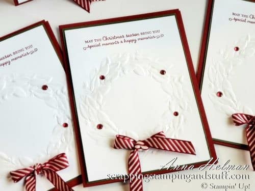 Clean and simple Christmas card idea using the Stampin Up Seasonal Wreath embossing folder. Wreath Christmas card idea.