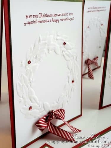 Clean and simple Christmas card idea using the Stampin Up Seasonal Wreath embossing folder. Wreath Christmas card idea.