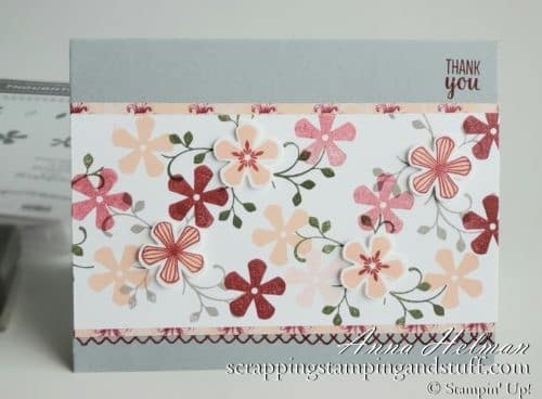 Floral thank you card idea using the Stampin Up Thoughtful Blooms stamp set and Small Bloom Punch in the 2020 Saleabration brochure - free Saleabration reward items