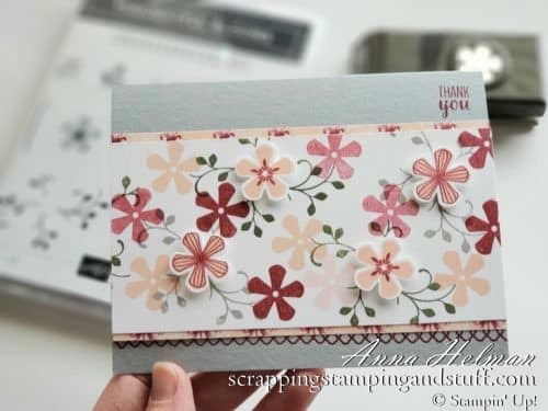 Floral thank you card idea using the Stampin Up Thoughtful Blooms stamp set and Small Bloom Punch in the 2020 Saleabration brochure - free Saleabration reward items