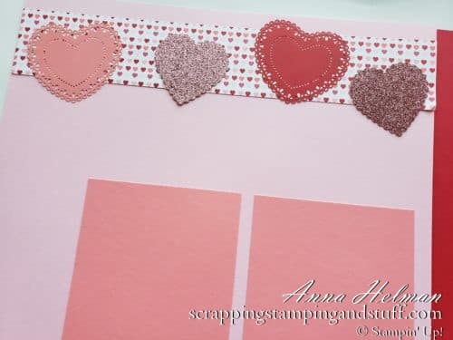 Valentines Day scrapbook layout using the Stampin Up Heartfelt bundle, Heart Punches, and heart doilies!