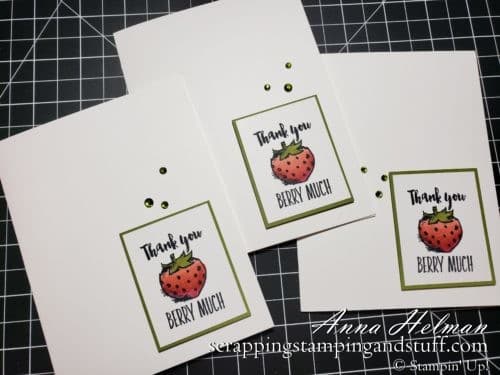 Adorable pun cards made with the Stampin Up Witty-cisms stamp set! Thank you berry much strawberry card