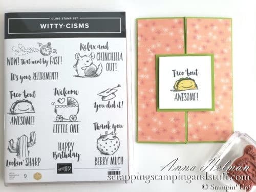 The new Stampin Up Witty-cisms stamp set is adorable! Full of cute sayings and puns, here is one sample card idea for kids, birthday, congrats, and more - Taco 'Bout Awesome!