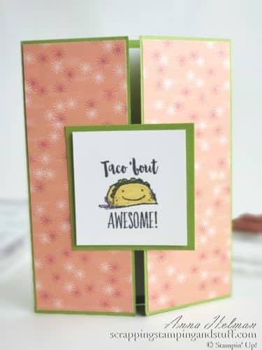The new Stampin Up Witty-cisms stamp set is adorable! Full of cute sayings and puns, here is one sample card idea for kids, birthday, congrats, and more - Taco 'Bout Awesome!