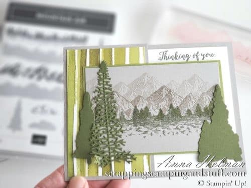 Masculine card idea made with the Stampin Up Mountain Air stamp and die set. Wildnerness, outdoorsy man card.