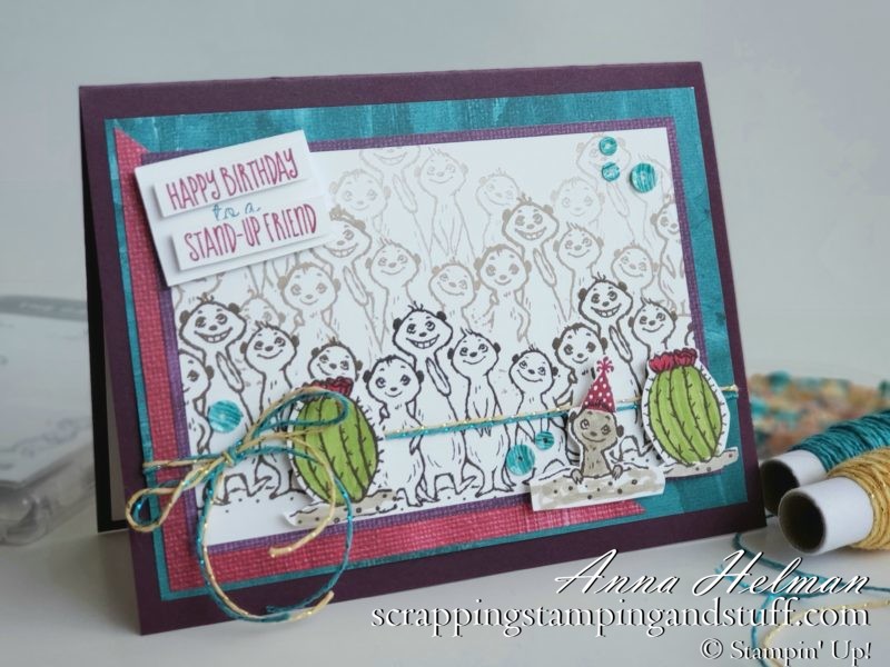 Win free stamping supplies during Giveaway Week! Enter to win the Stampin Up The Gang's All Meer stamp set! Adorable meerkat birthday card idea.