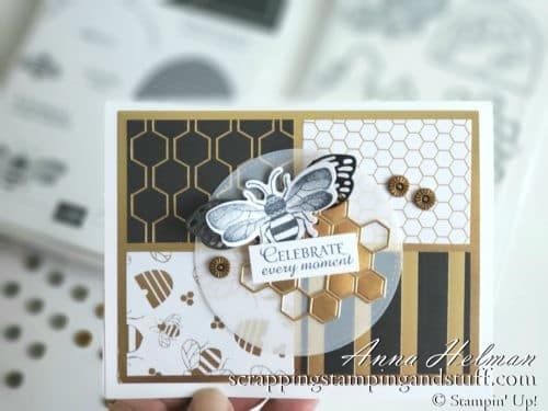 Win free stamping supplies during Giveaway Week! Enter to win the Stampin Up Golden Honey Designer Series Paper! Adorable bee and honeycomb card idea.