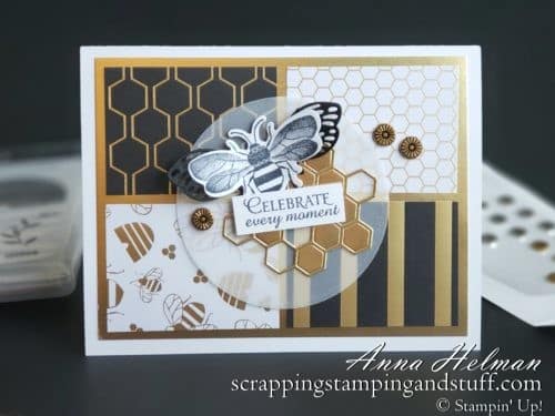 Win free stamping supplies during Giveaway Week! Enter to win the Stampin Up Golden Honey Designer Series Paper! Adorable bee and honeycomb card idea.