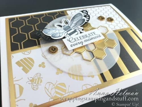 Win free stamping supplies during Giveaway Week! Enter to win the Stampin Up Golden Honey Designer Series Paper! Adorable bee and honeycomb card idea.