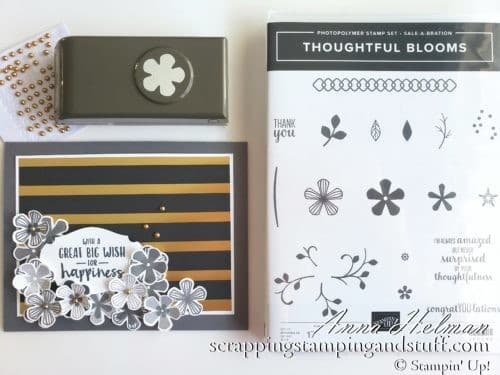 Win free stamping supplies during Giveaway Week! Enter to win the Stampin Up Thoughtful Blooms stamp set and small bloom punch! Nice gold and black floral birthday or wedding card idea!