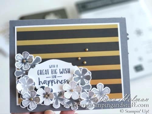 Win free stamping supplies during Giveaway Week! Enter to win the Stampin Up Thoughtful Blooms stamp set and small bloom punch! Nice gold and black floral birthday or wedding card idea!