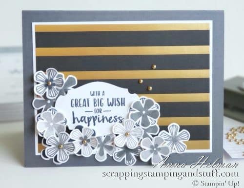 Win free stamping supplies during Giveaway Week! Enter to win the Stampin Up Thoughtful Blooms stamp set and small bloom punch! Nice gold and black floral birthday or wedding card idea!