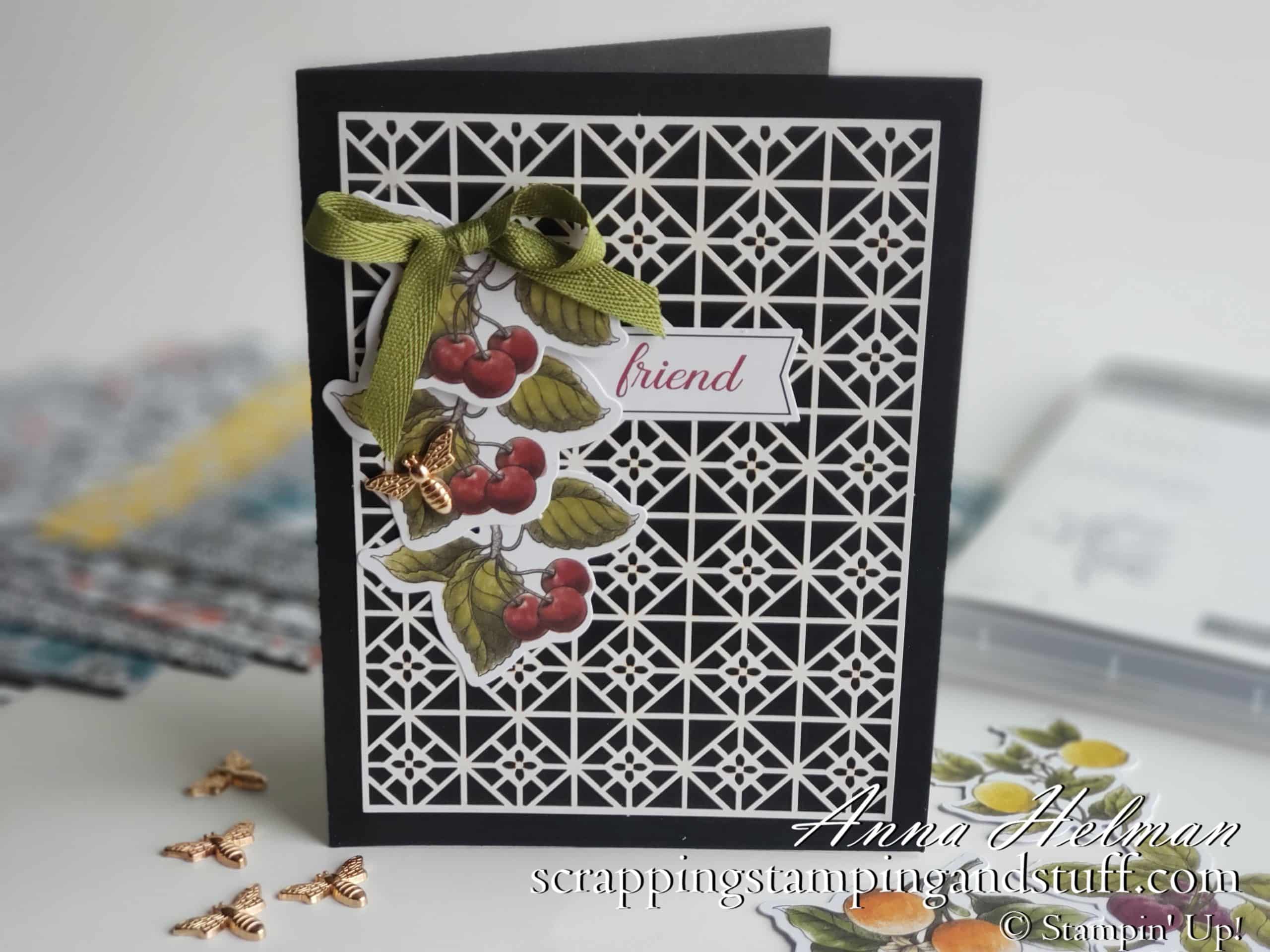 Such a pretty and simple card made with the Stampin Up Botanical Prints Product Medley. Cherry card idea with bee embellishments!
