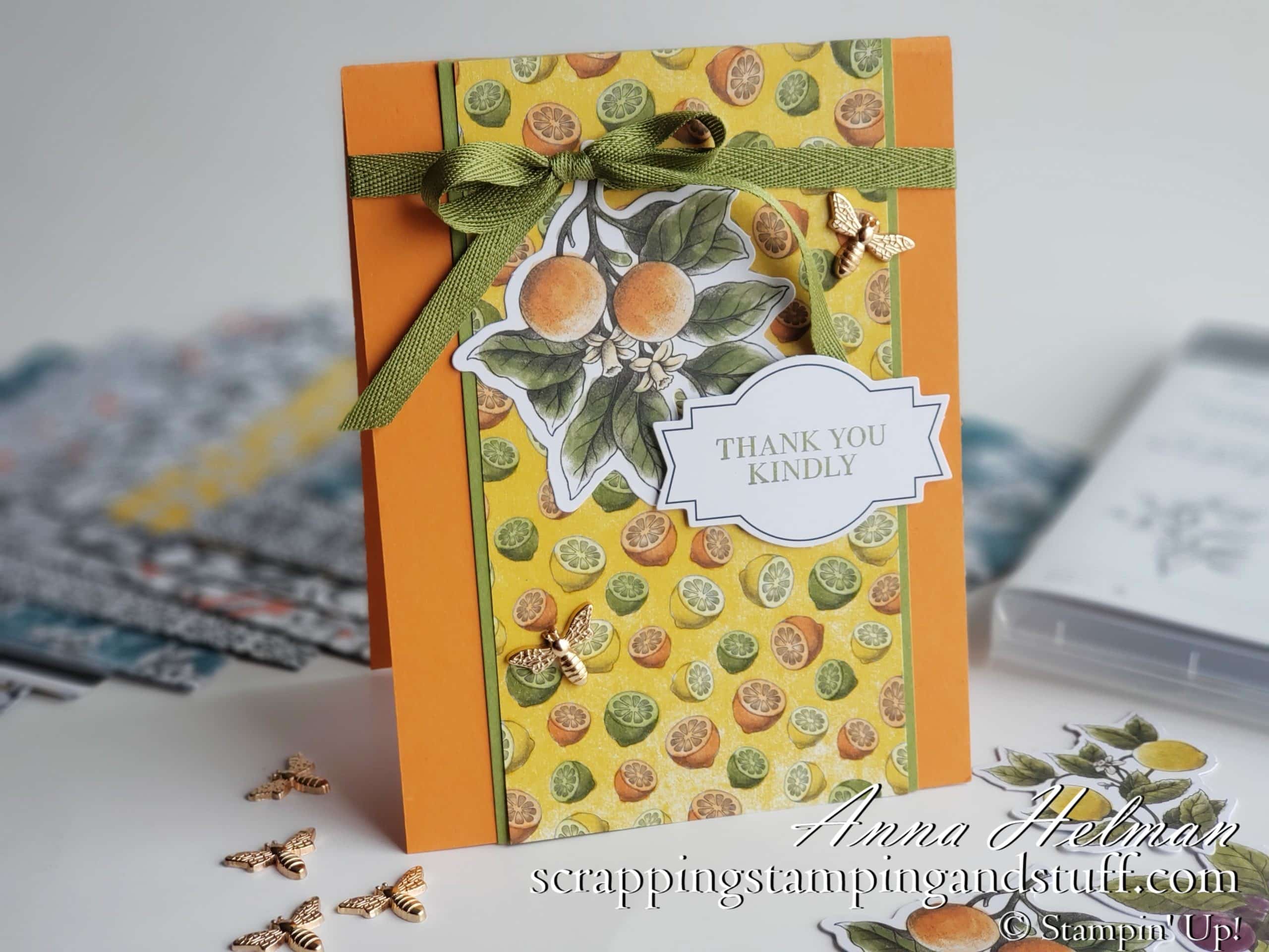 Cute orange card idea using the Stampin Up Botanical Prints product medley - oranges, lemons and limes on a pretty thank you card