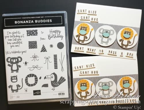 Coronavirus Quarantine Card Idea Using Stampin Up Bonanza Buddies Stamp Set - Cute Animals With Face Masks