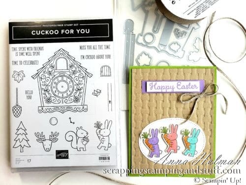 Cute Easter bunny card idea using the Stampin Up Cuckoo For You stamp set and basket weave embossing folder - perfect for Easter basket cards and projects!
