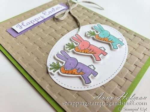 Cute Easter bunny card idea using the Stampin Up Cuckoo For You stamp set and basket weave embossing folder - perfect for Easter basket cards and projects!