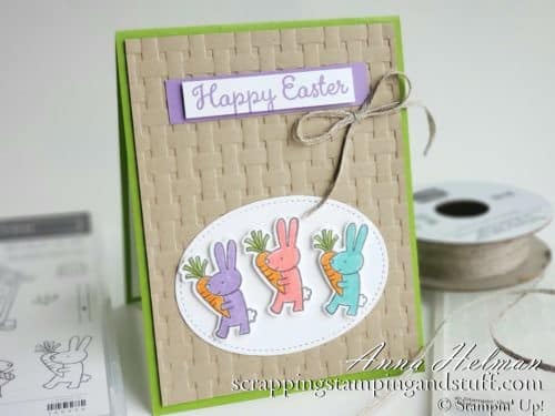 Cute Easter bunny card idea using the Stampin Up Cuckoo For You stamp set and basket weave embossing folder - perfect for Easter basket cards and projects!