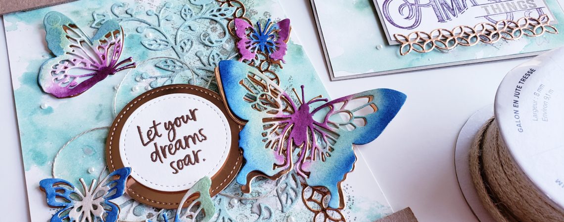 Beautiful handmade stamped wall art, wall hanging made using the Stampin Up Butterfly Beauty die set. Butterfly gift idea, handmade gift idea, watercoloring, technique