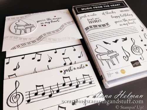 Clean and simple music card ideas using the Stampin' Up! Music From The Heart stamp set. Black and white cards with piano, guitar, and music notes.