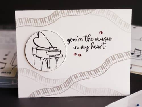 Clean and simple music card ideas using the Stampin' Up! Music From The Heart stamp set. Black and white cards with piano, guitar, and music notes.