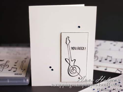 Clean and simple music card ideas using the Stampin' Up! Music From The Heart stamp set. Black and white cards with piano, guitar, and music notes.