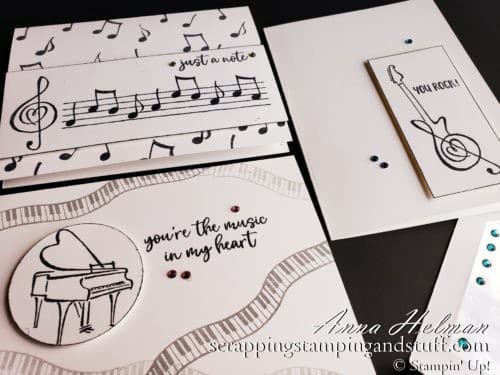 Clean and simple music card ideas using the Stampin' Up! Music From The Heart stamp set. Black and white cards with piano, guitar, and music notes.