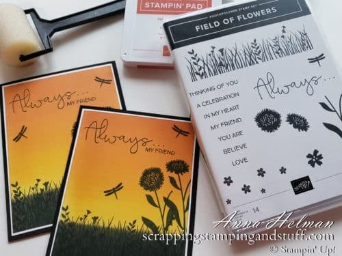 Beautiful Sunset Silhouette Technique Brayered Background Using Stampin' Up! Field of Flowers Stamp Set