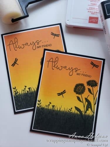Beautiful Sunset Silhouette Technique Brayered Background Using Stampin' Up! Field of Flowers Stamp Set