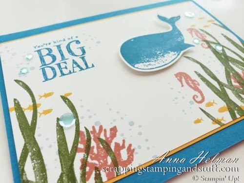 You're kind of a big deal whale card idea using the Stampin Up Whale Done stamp set and Whale Builder Punch. An underwater ocean scene with fish and seahorses.