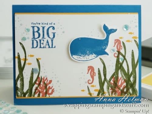 You're kind of a big deal whale card idea using the Stampin Up Whale Done stamp set and Whale Builder Punch. An underwater ocean scene with fish and seahorses.