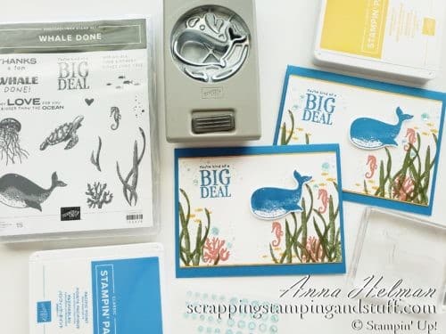 You're kind of a big deal whale card idea using the Stampin Up Whale Done stamp set and Whale Builder Punch. An underwater ocean scene with fish and seahorses.