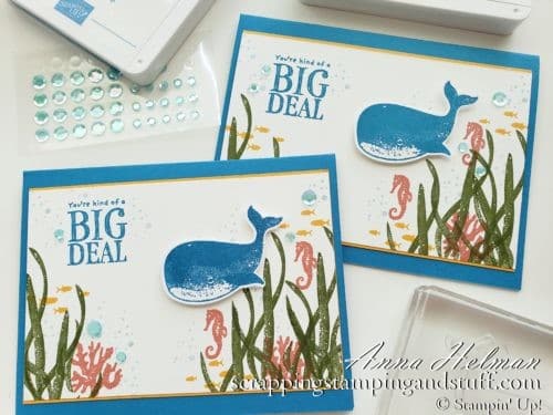 You're kind of a big deal whale card idea using the Stampin Up Whale Done stamp set and Whale Builder Punch. An underwater ocean scene with fish and seahorses.