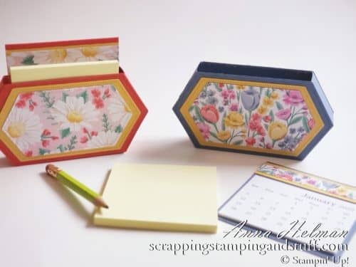 Learn how to make this adorable desk organizer and treat holder using the Stampin Up Stitched Nested Labels Dies. Use it to hold sticky notes, a mini calendar, and pencil.