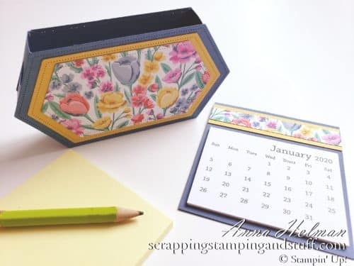 Learn how to make this adorable desk organizer and treat holder using the Stampin Up Stitched Nested Labels Dies. Use it to hold sticky notes, a mini calendar, and pencil.