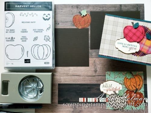 Take a look at this pumpkin scrapbook page and apple card design using the Stampin Up Harvest Hellos bundle.