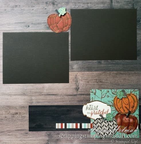 Take a look at this pumpkin scrapbook page and apple card design using the Stampin Up Harvest Hellos bundle.